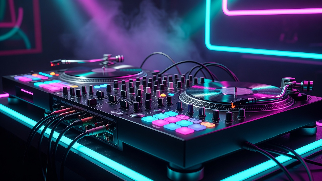 Detailed close-up of professional DJ equipment and sound console illuminated by neon club lighting