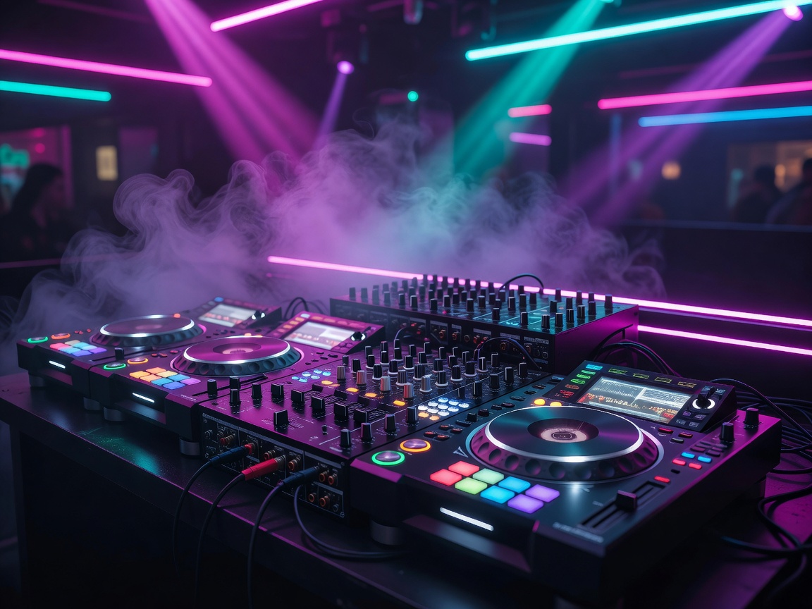 DJ mixer console and sound board illuminated by neon ambient club light