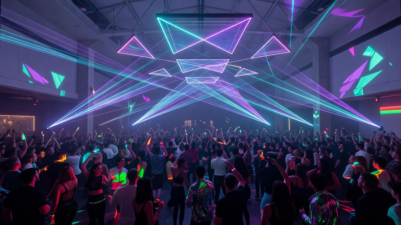 Massive indoor superclub main room with geometric kinetic laser ceiling and dancing crowd
