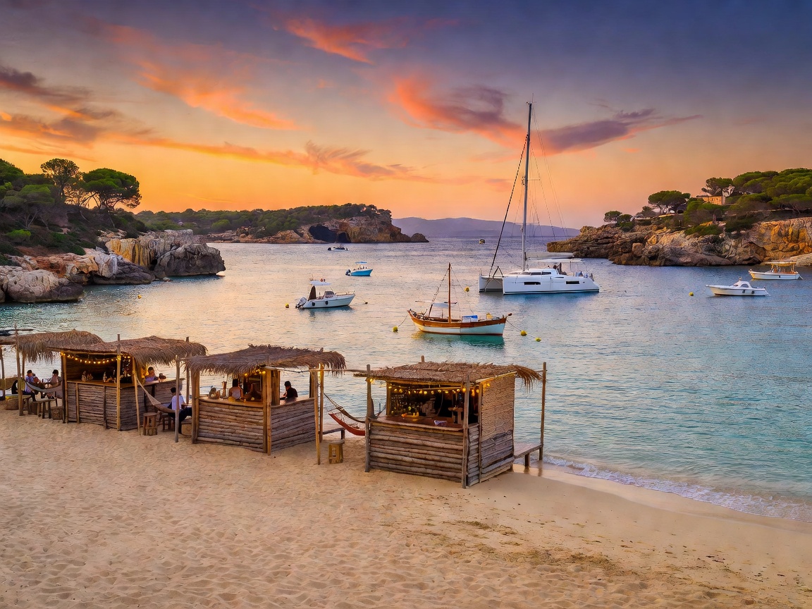 Scenic coastal bay in Ibiza with beach bars and boats at dusk