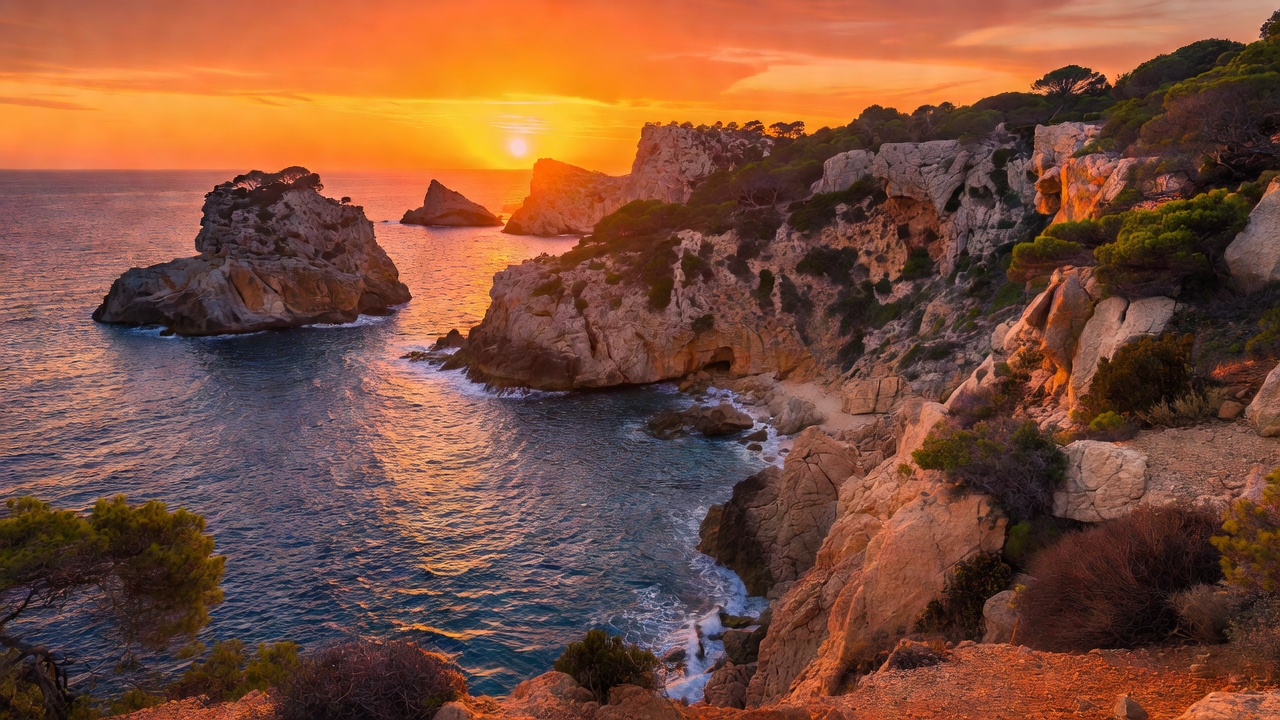 Scenic Mediterranean sunset over rugged coastal cliffs with warm orange sky in Ibiza
