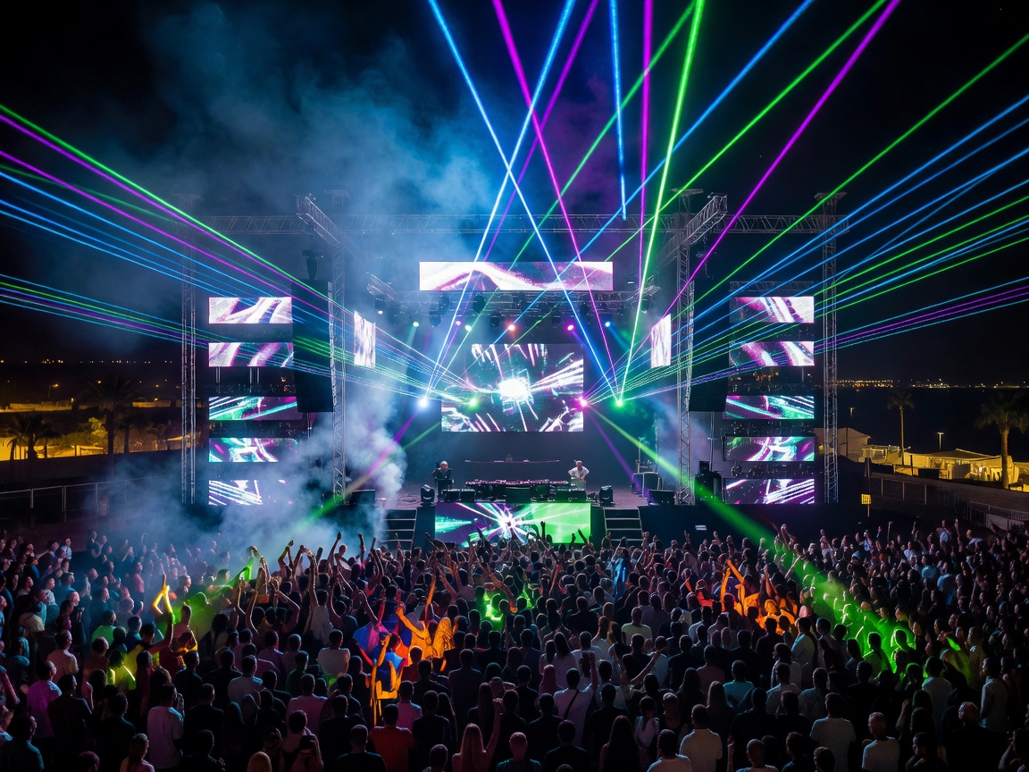 Spectacular open-air nightclub stage with laser illumination in Ibiza