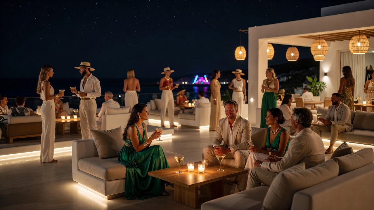 Stylish travellers conversing on an illuminated outdoor terrace lounge at night in Ibiza