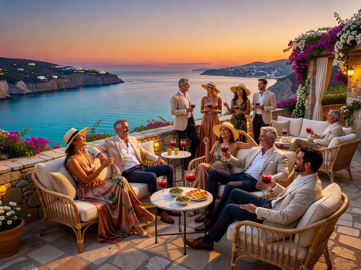 Stylish travellers enjoying an evening Mediterranean terrace lounge