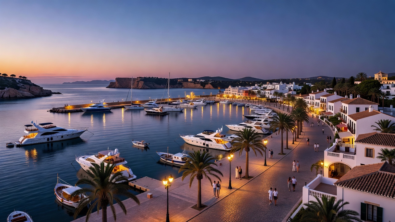 Twilight aerial perspective over an illuminated Mediterranean harbor and seaside esplanade in Ibiza
