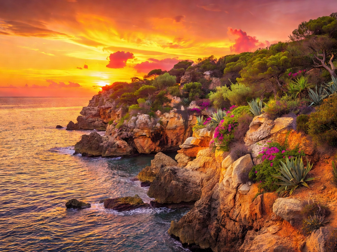 Vibrant Mediterranean sunset overlooking coastal cliffs in Ibiza